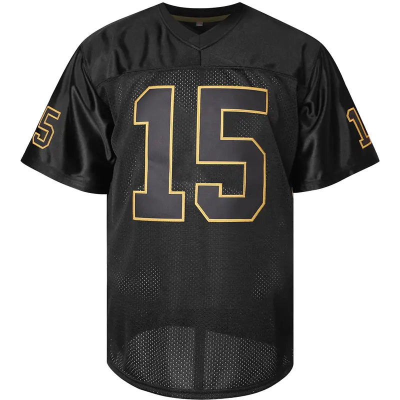 Male #15 Black Professional Football Jersey Top - V-Neck Polyester Short-Sleeve Athletic Top, Breathable Slightly Elastic Spandex-Blend, No Excess Bulk, Casual Wear for Football Lovers & Workouts