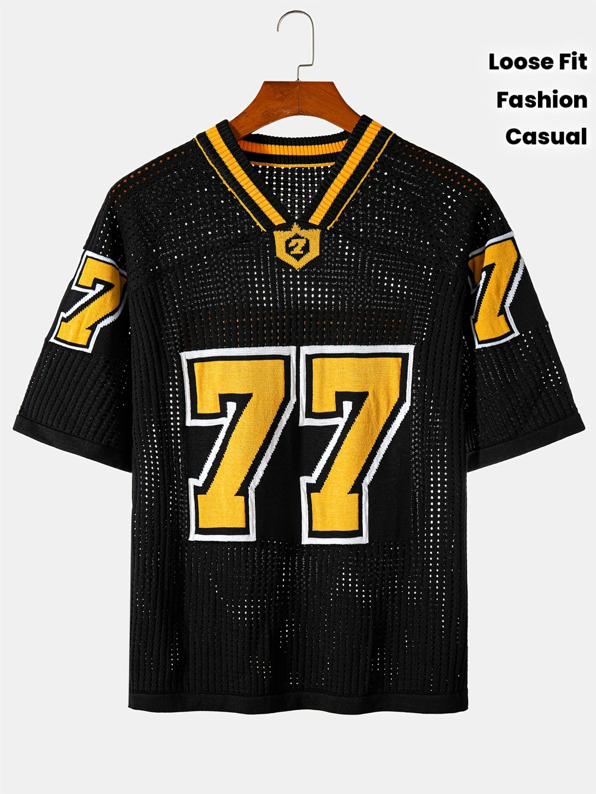 Chuan Ye Yi Selected Product - Mesh V-Neck Loose Fit Casual Fashion Rugby Jersey Style Short Sleeve Pullover Knitwear