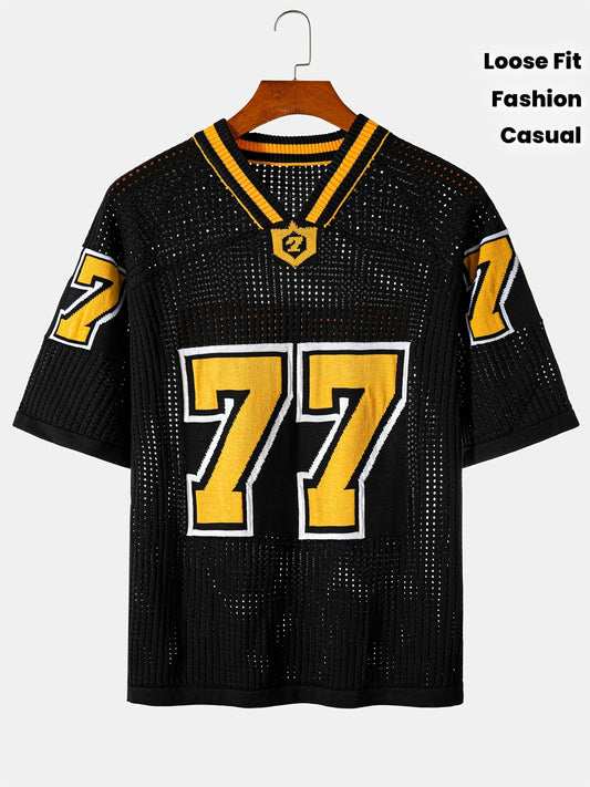 Chuan Ye Yi Selected Product - Mesh V-Neck Loose Fit Casual Fashion Rugby Jersey Style Short Sleeve Pullover Knitwear