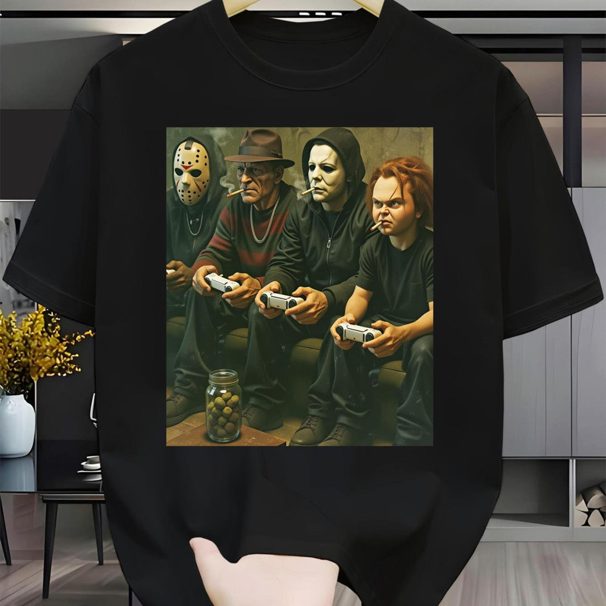 Halloween Characters Playing Video Games Men's Casual Short-Sleeve Crew Neck T-Shirt Outdoor Short-Sleeve Casual Breathable T-Shirt High-Quality Printed Crew Neck Slightly Stretchy T-Shirt Easy to Care Versatile Top Suitable Easter, Halloween