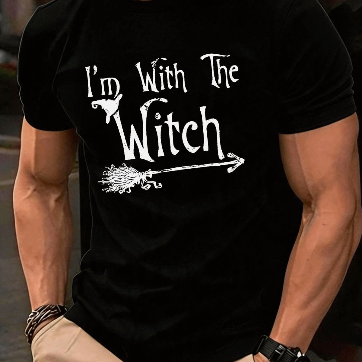Men's Fashion Casual Trendy I'm with The Witch Broom Arrow Graphic Short Sleeve T Shirt Streetwear Holiday Gift Daily Wear