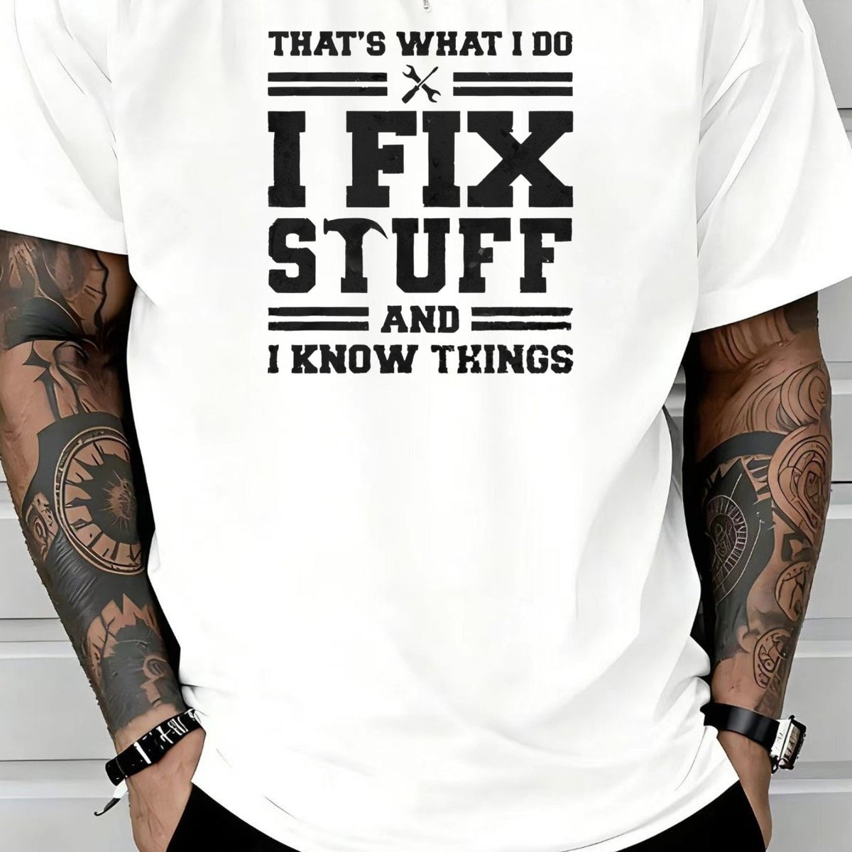 Men's Handyman Graphic T-Shirt with "This Is What I Do, I Fix Things" Quote - Workwear Short Sleeve Round Neck Casual Top, Breathable Suitable for All Seasons, Casual Attire for, -Themed Apparel & Gifts