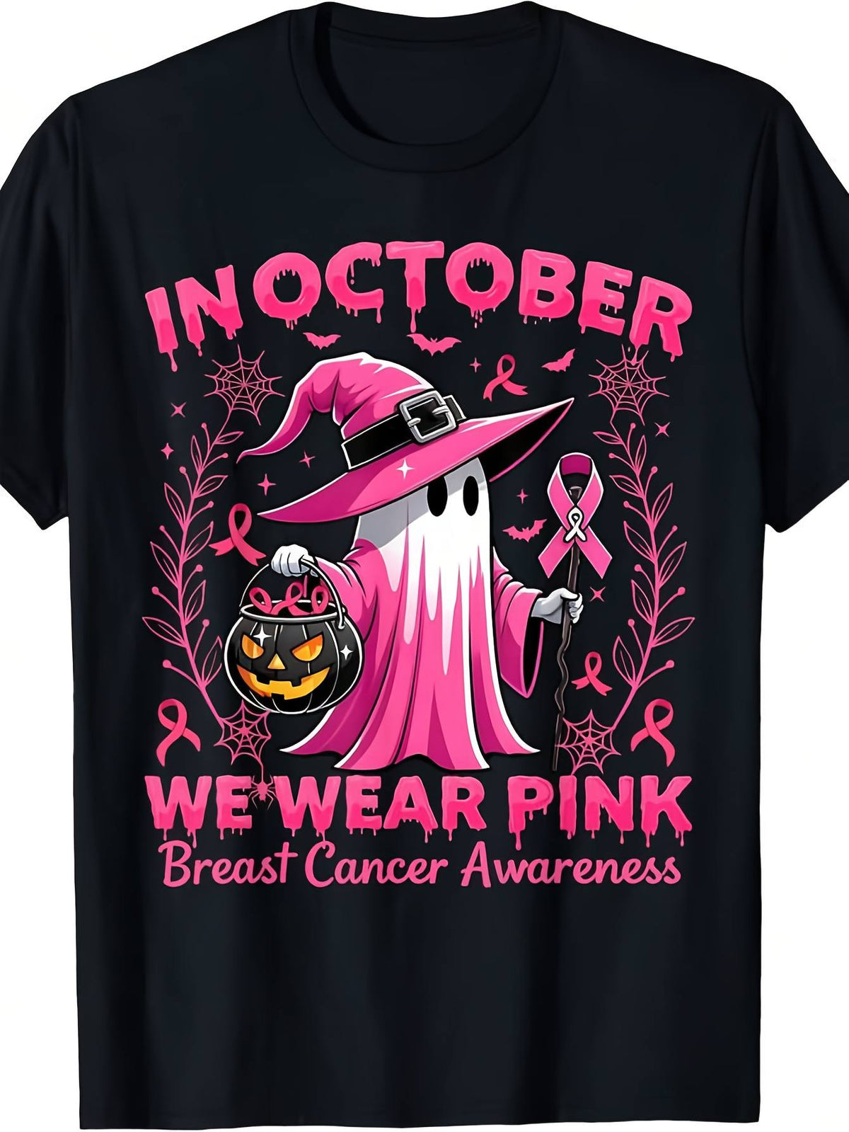Men'S And Women'S Short Sleeve T-Shirt, October Pink Breast Cancer Awareness Items Halloween Graphic Print Crew Neck Tee, Public Welfare Holiday Casual Daily Top