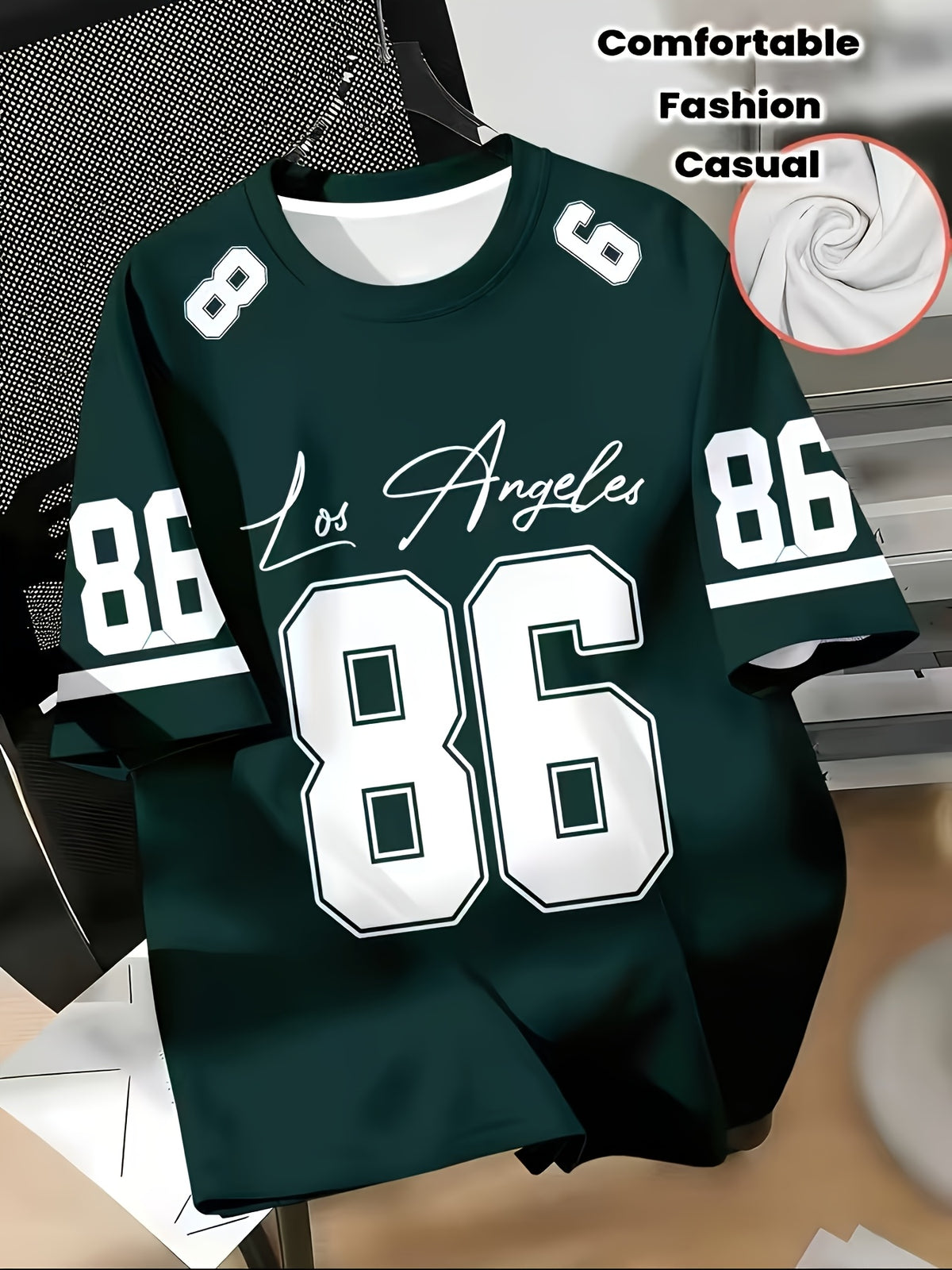 Men's Los Angeles No. 86 American Football Jersey Style Digital Print T-Shirt, Black, White, Green, 3-Color Sporty Casual Short Sleeve