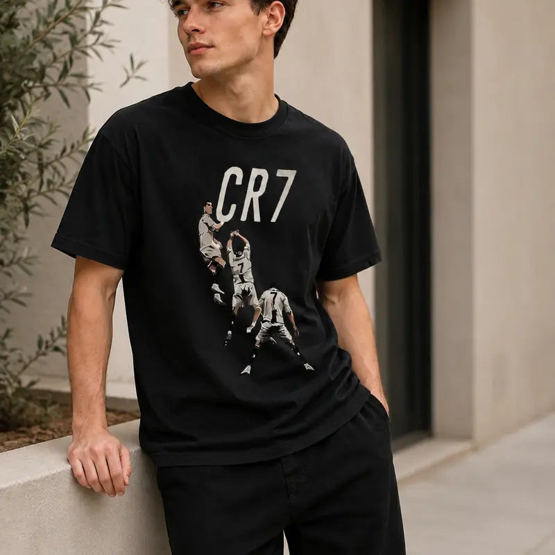 Men's & 's Ronaldo-Inspired CR7 Logo Design T-Shirt - White 'R' & '7' Lettering, Casual Round Neck Short Sleeve Tee for Fans, Casual Attire & Apparel