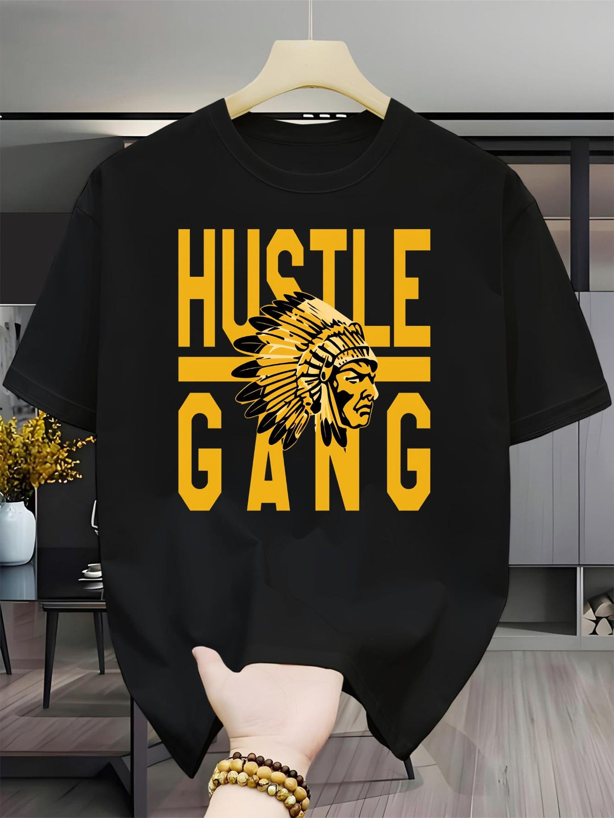 Hustle Gang Indian Headdress Men's Casual Short Sleeve Round Neck T-Shirt Outdoor Short Sleeve Breathable T-Shirt High-End Printed Round Neck Slightly Stretchy T-Shirt Easy to Care for and Versatile Top Suitable for Easter, Halloween
