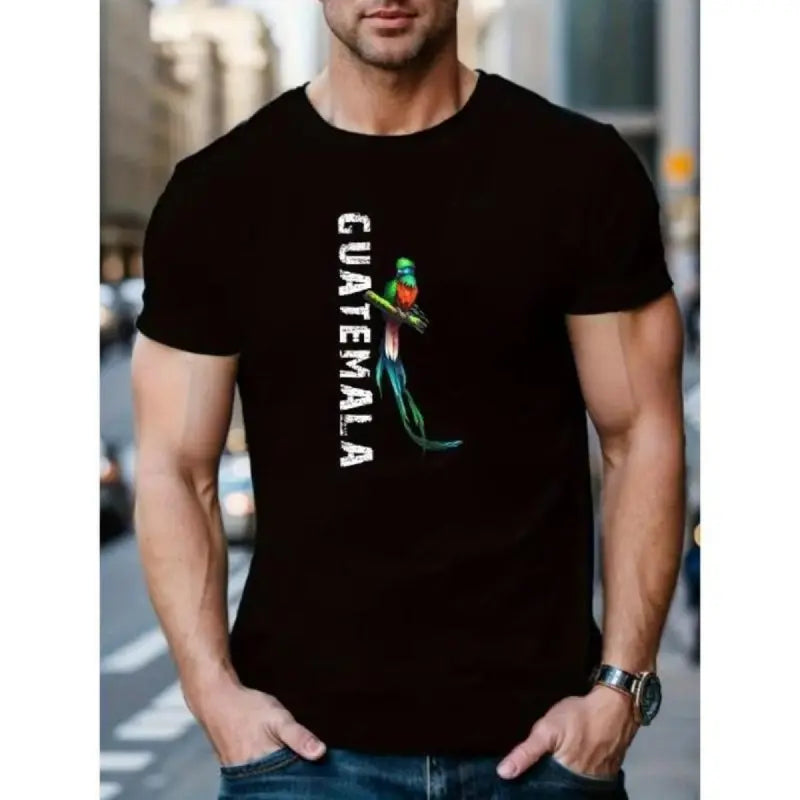Men's Fitted 100%25 Cotton Guatemala Bird Graphic T-Shirt - Soft Round Neck Short-Sleeve Top, New Year Sporty Chic Fitness Daily Wear, Durable 2XL Casual Travel Tee