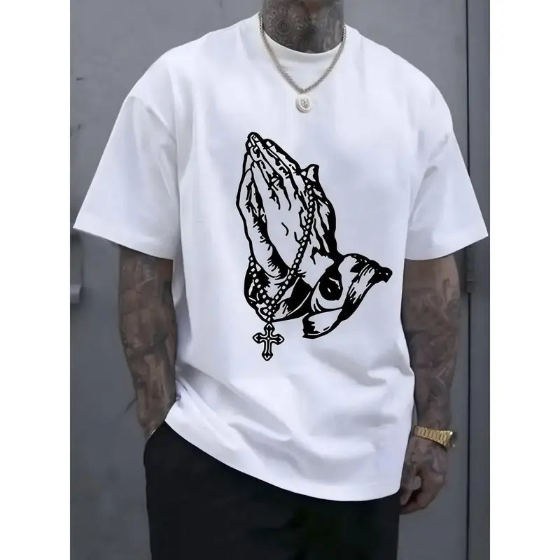 Men's Fitted Cotton Short-Sleeve Round-Neck T-Shirt - White, Soft Basic, Breathable Fabric, "Pray" Graphic Print, Casual Summer Streetwear, Easter Gift, Everyday Wear