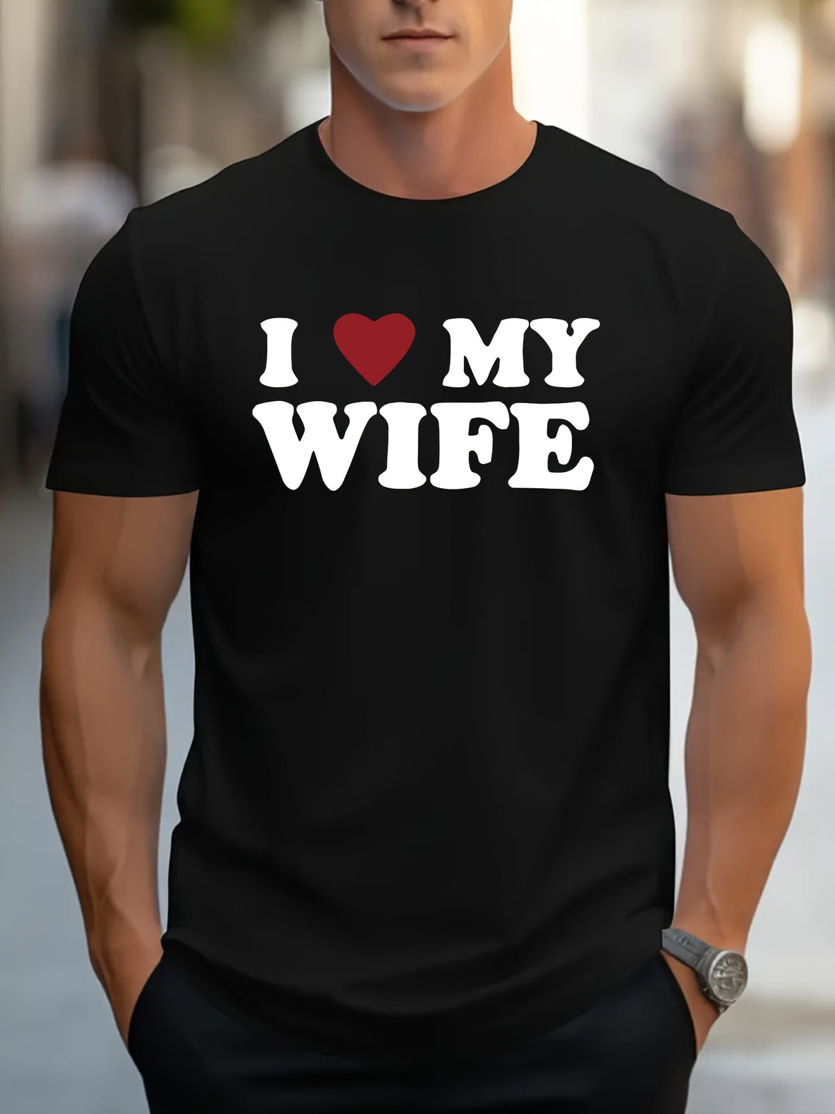 Men's Stylish " I Love My Wife" Creative Print T-Shirt, Crew Neck Short Sleeve, Casual Tee, Versatile Top For Spring And Summer, Trendy Streetwear Fashion