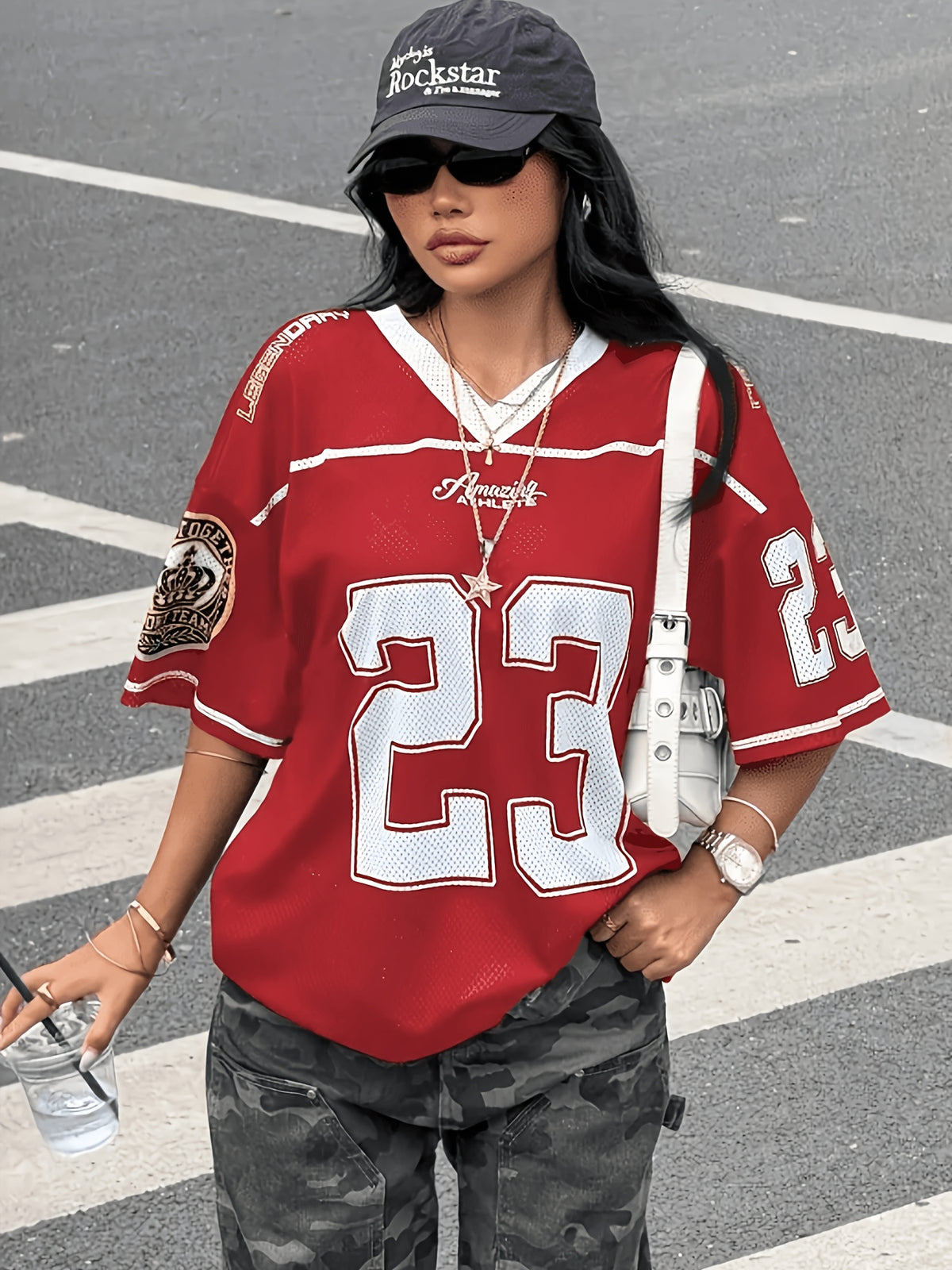 Red Rugby T-Shirt - Breathable Mesh V-Neck Short Sleeve Jersey, Hip-Hop Swear Suitable for, & Casual Wear, Machine Washable Rugby Top for Spring Summer Fall