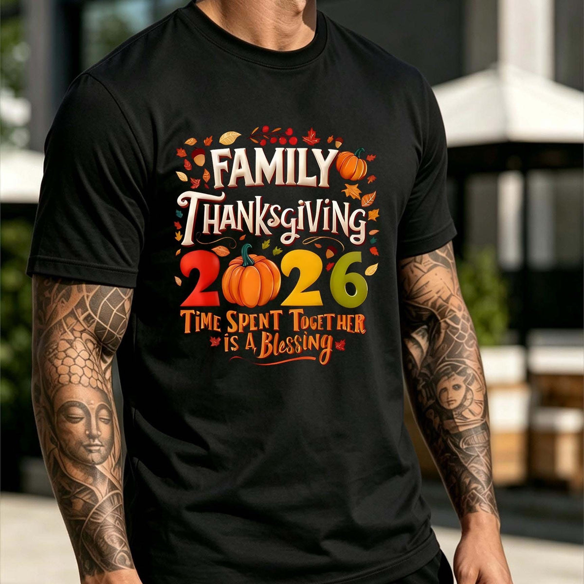 Family Thanksgiving 2026 Pumpkin Fall Leaf Slogan Men Short Sleeve T-Shirt Family Thanksgiving Gathering Crew Neck Tee