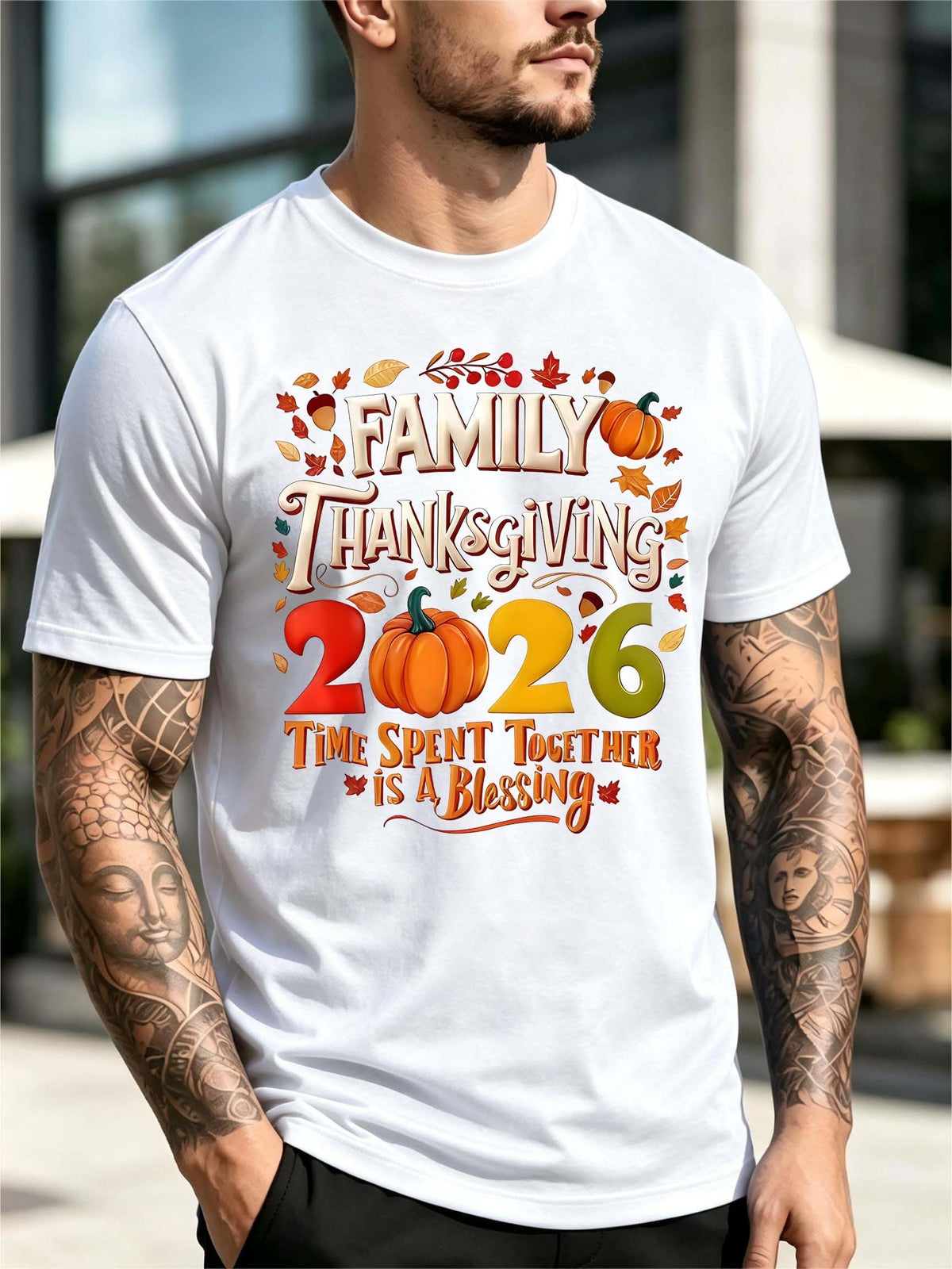 Family Thanksgiving 2026 Pumpkin Fall Leaf Slogan Men Short Sleeve T-Shirt Family Thanksgiving Gathering Crew Neck Tee