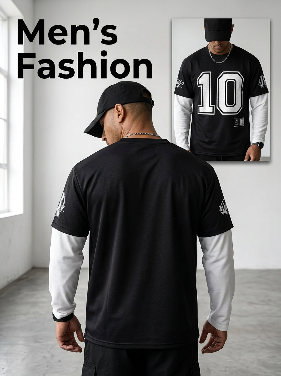 Men'S Spring Autumn Athletic Style Fake Two-Piece Long Sleeve Digital Print, Spring Autumn Outdoor Basketball Sports Jersey