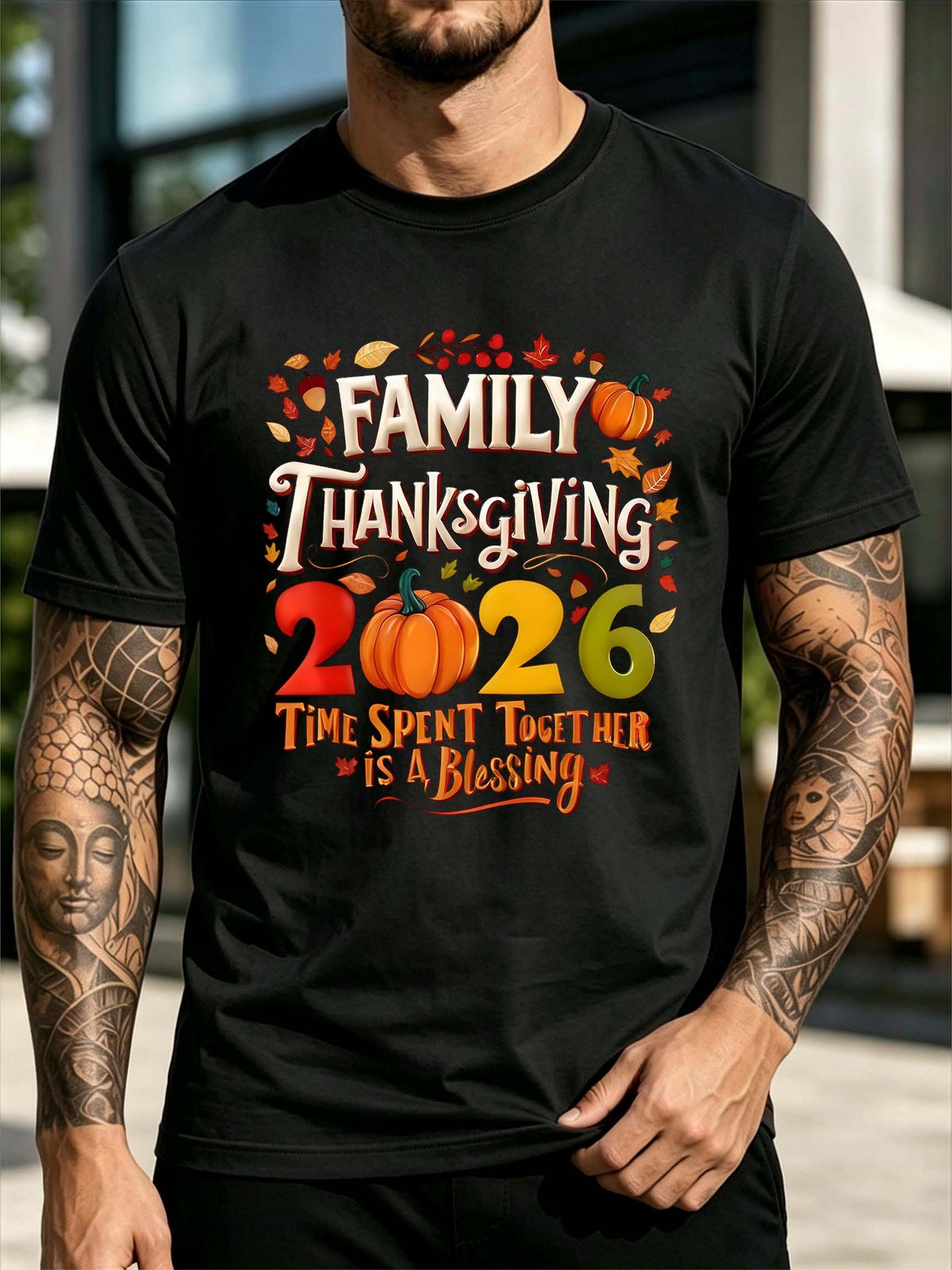 Family Thanksgiving 2026 Pumpkin Fall Leaf Slogan Men Short Sleeve T-Shirt Family Thanksgiving Gathering Crew Neck Tee