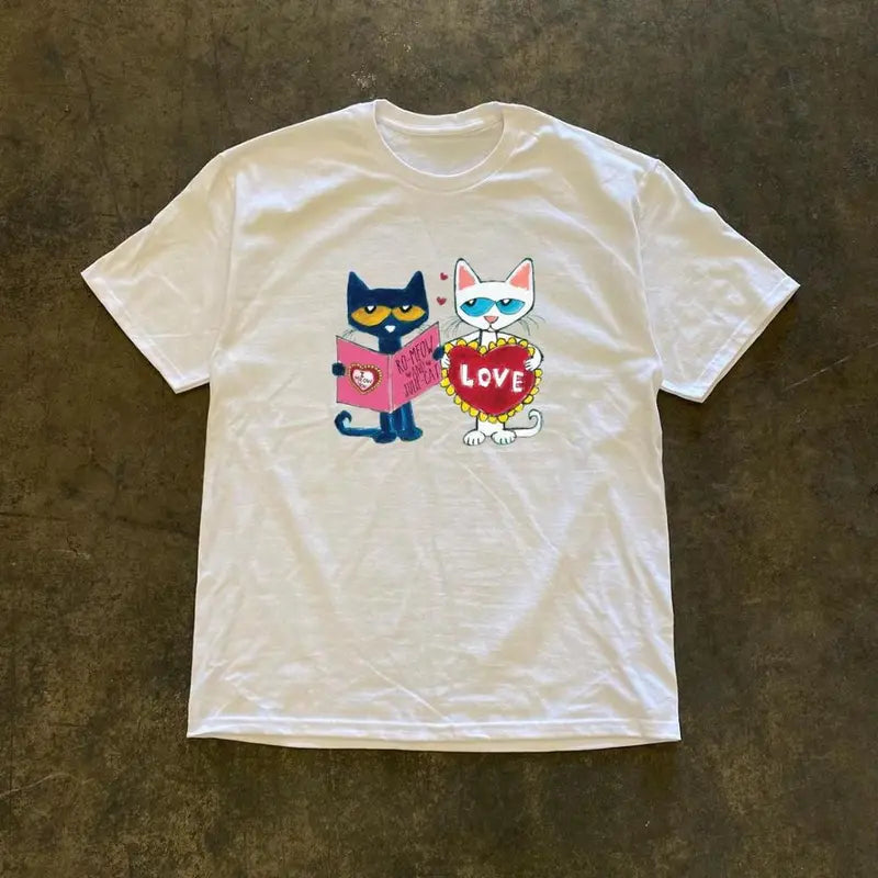 Pete the Cat "Ro-meow and Julie-cat" Love Tee, Valentine's Day Pete the Cat & White Cat T-shirt, Cute "Love" Heart Graphic Cat Shirt, Meme Cringe Funny Dumb Shirts, Unisex Shirt Menswear Womenswear Streetwear Cotton Comfort