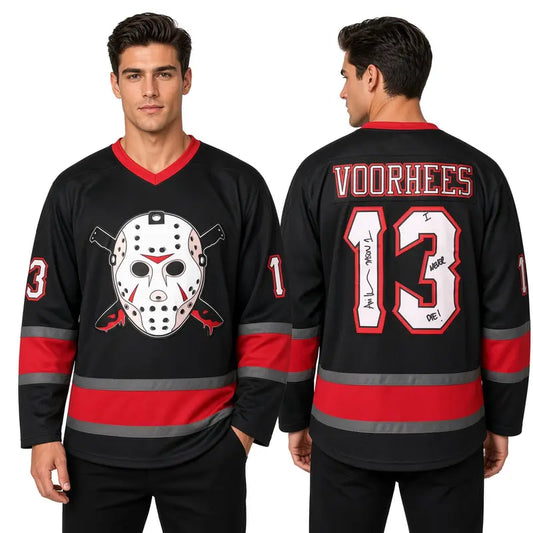 Jason Vorhees #13 Custom Sewn Performance Hockey Jersey - 95% Polyester Athletic Clothes, Modern Hockey Jersey with Horror Edge, Tie Neck, Durable, Breathable, Easy Care, Comfortable for Friday the 13th Halloween