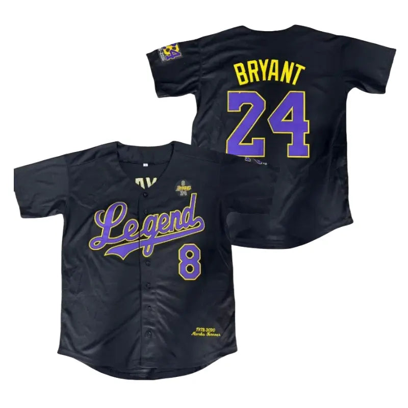 Men's Loose-Fitting Polyester Short Sleeve Shirt - V-Neck Button-Down Kobe-Inspired Baseball Embroidered Jersey, 24 Large Number Back Athletic Top for Casual Wear, Hip Hop Performances