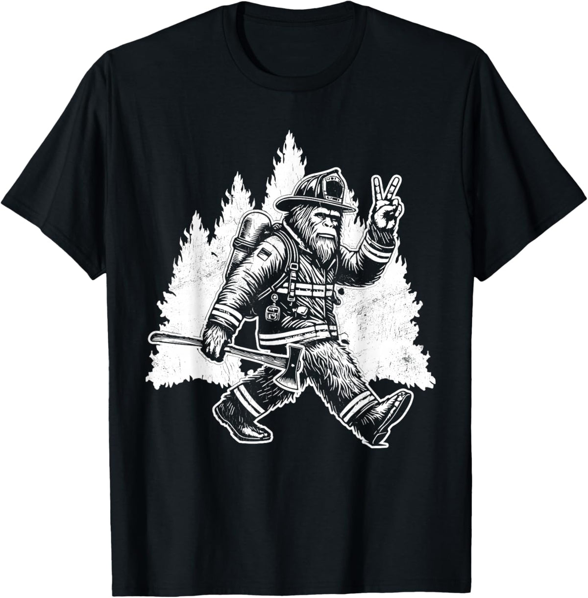 Funny Bigfoot Firefighter Sasquatch Design Men's Retro Bigfoot Firefighter Sasquatch Fireman - Black, Small, Short Sleeve