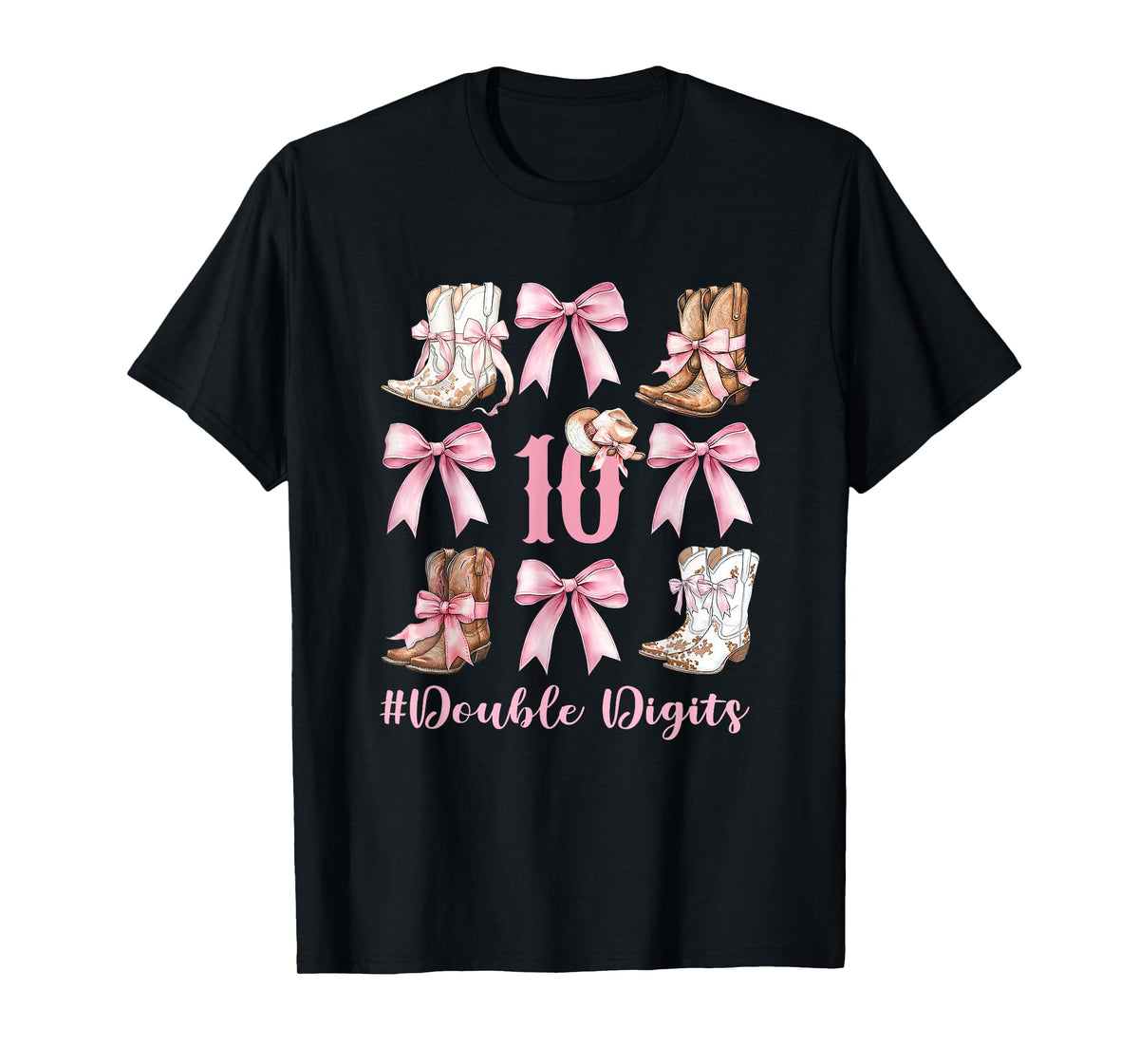 Pink Coquette Bows Western Cowgirl 10 Double Digits Birthday T-Shirt
