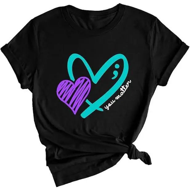 You Matter Heart Shirt,Suicide Prevention Awareness T-Shirt,Semicolon Shirt,Mental Health Tee,Motivational Gift,Women Therapist Clothing Love Ribbon