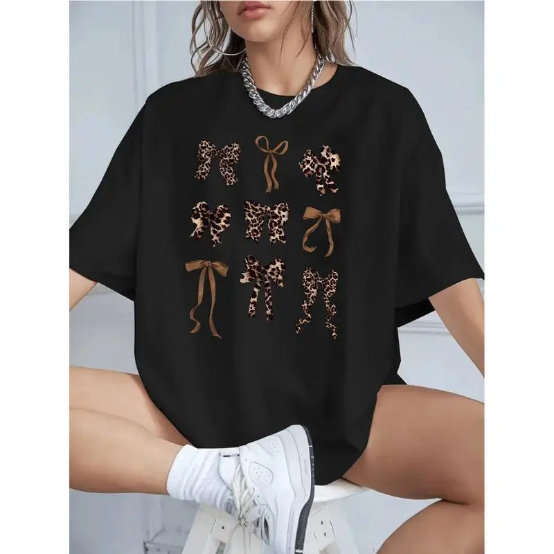 Women's 100%25 Cotton Graphic T-Shirt - Comfortable, Lightweight, Leopard Print/Black Floral, Casual Loose Fit, Short Sleeve Crew Neck, Breathable Summer Top, Low Iron, Cold Wash (Plus Size Women's Clothing Option)