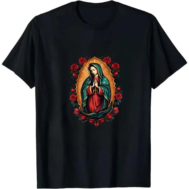 Virgin Mary Graphic T-Shirt, Casual Faith-Inspired Top in Polyester Knit Fabric with a Round Neck and Short Sleeves