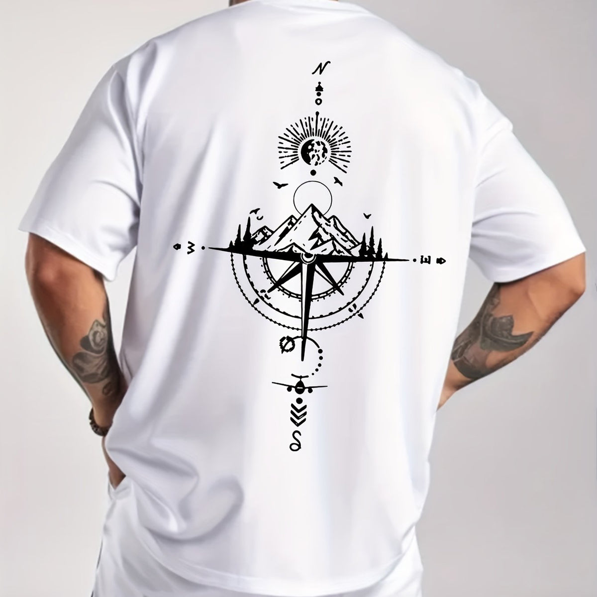 Men's vintage compass-print short-sleeve crew-neck casual athletic lightweight T-shirt; a versatile polyester top suitable for spring and summer wear.