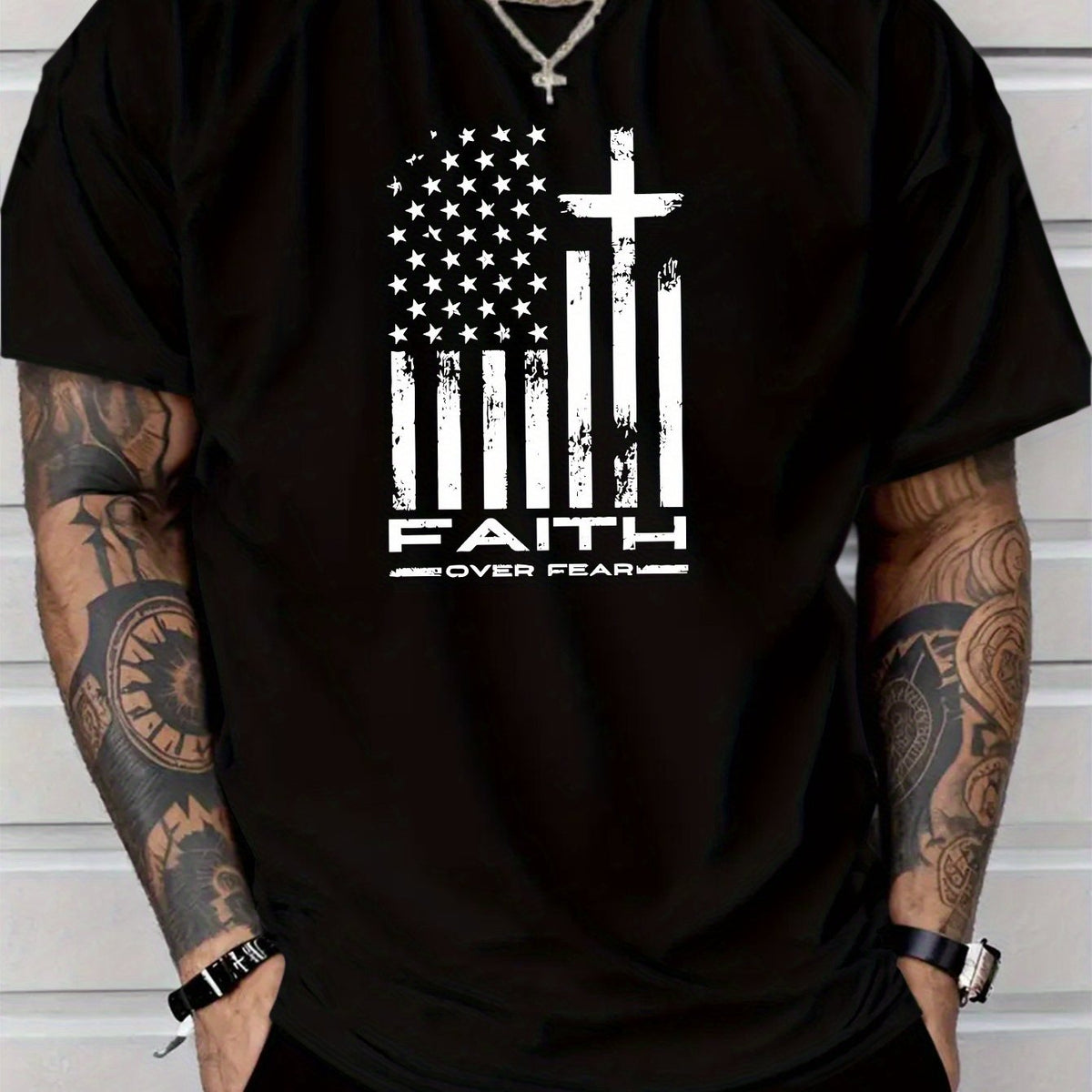 Men'S Patriotic "Faith Over Fear" Graphic T-Shirt - Black with American Flag & Cross Design, Polyester, Lightweight & Comfortable, Casual Summer Style, Perfect Gift for Adults, Casual Summer Wear | Patriotic Design | Comfortable Fit