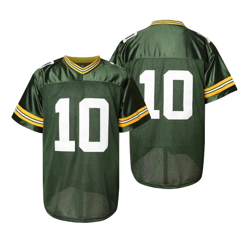 Men's #10 Sleeve Jersey - Retro V-Neck, Green Letter Embroidery, Loose Fit, Sporty Chic Professional Sports Top, Comfortable Breathable, Machine Washable for Outdoor Play, Retro Hip-Party Vibe