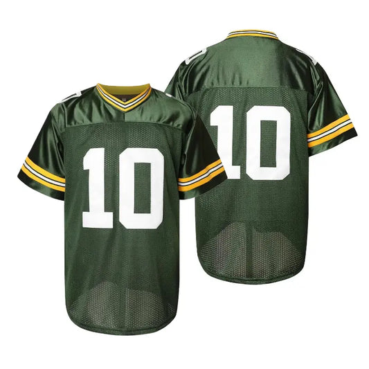 Men's #10 Sleeve Jersey - Retro V-Neck, Green Letter Embroidery, Loose Fit, Sporty Chic Professional Sports Top, Comfortable Breathable, Machine Washable for Outdoor Play, Retro Hip-Party Vibe