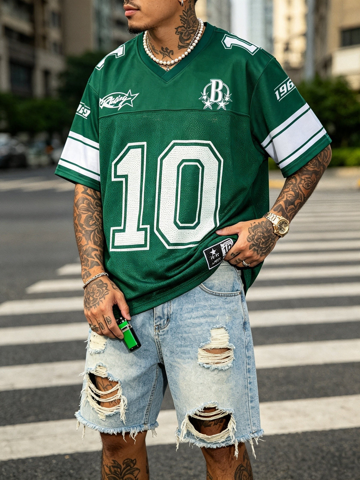 Men's Summer Casual Patterned Sports Short-Sleeve Football Jersey Style T-Shirt, Mesh Fabric Patchwork, Summer, School