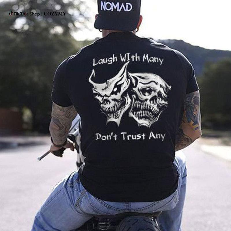 Men's 100%25 Cotton Short-Sleeve Crew Neck Skull All Over High-Res Print Tshirt - Fitted Cut, Year-Round Basics, "Laugh with Many, Don’t Trust Any" Graphic, Casual Streetwear, Gift For Him
