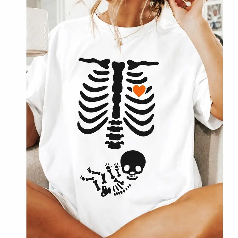 Women's 100%25 Soft Cotton Knit Skeleton Halloween Maternity T-Shirt - 2024 Funny Pregnancy Announcement Top, Skin-Friendly, Slight Stretch, Maternity Clothes, Casual Fall Costume Top for Pregnant New Moms