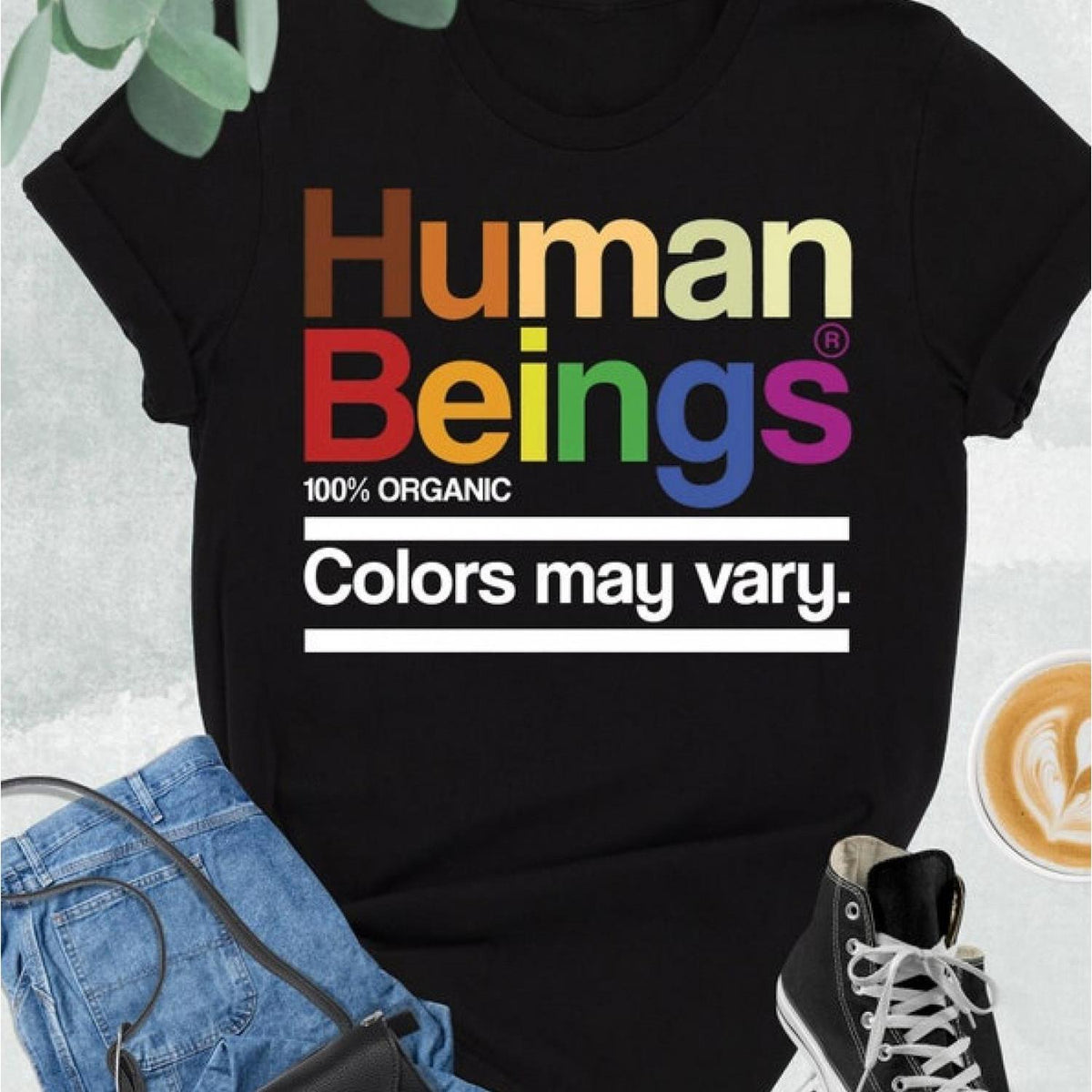 [Equality Graphic Tee] Men's Human Beings Colors May Vary Graphic T-Shirt - Black Crewneck Tee with Rainbow Human Emblem | Equality, Human Rights Shirt, Casual Everyday Activist Apparel, Soft Everyday Top for Social Justice Advocacy, Bold Text