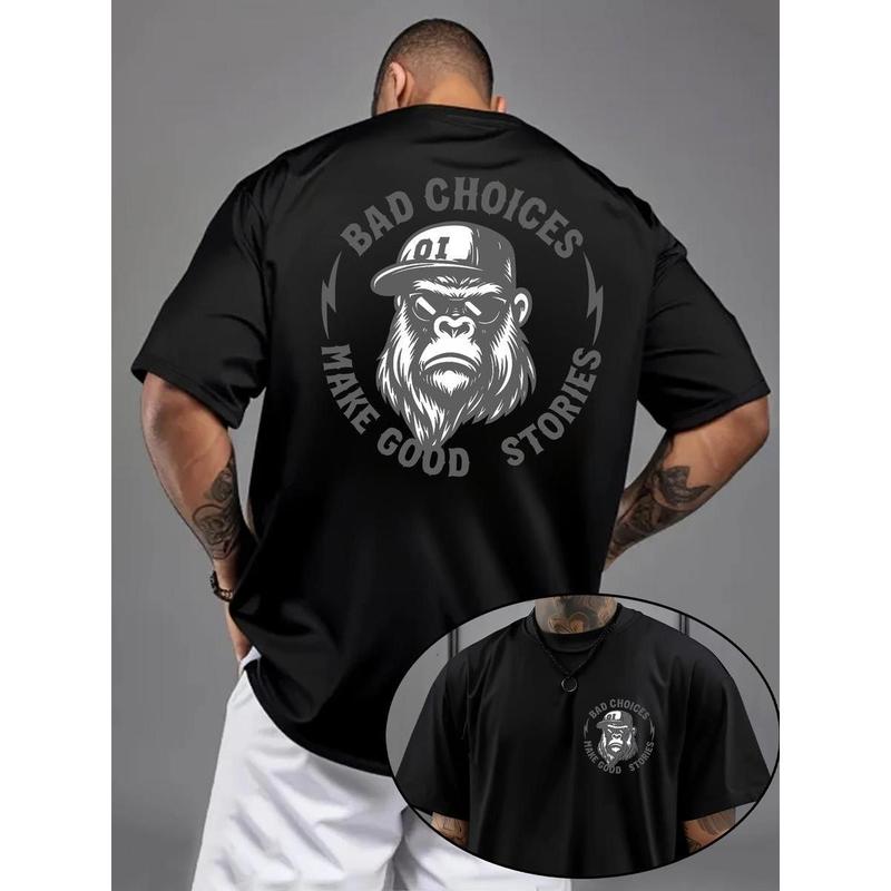 Men's Cotton Round Neck Short-Sleeve Chic Graphic T-Shirt - "Bad Choices Make Good Stories" Chimpanzee Full Print, Casual Street Basics, Perfect Fit Fitted Cut, New Year Apparel, Do Not Dry Clean