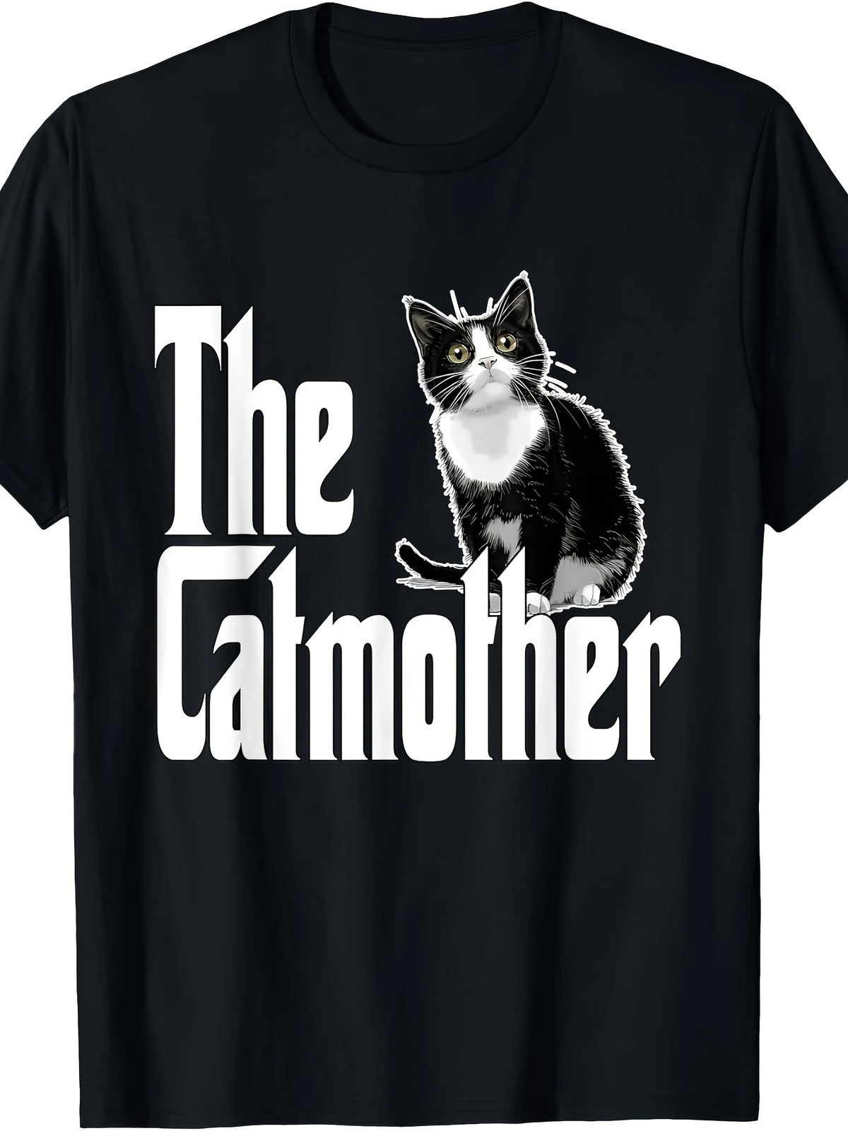 Humorous Cat Mother Graphic T-Shirt - Men'S Black And White Casual Tee, Short Sleeves, Crew Neck, Washable in Machine, Geometric Design, Ideal for Everyday Use