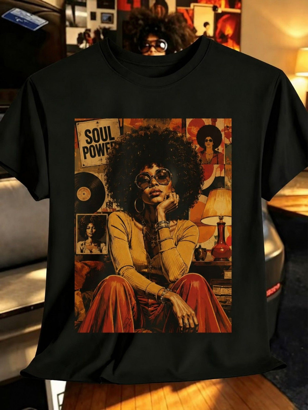 Black Print T-Shirt, Retro 70S Soul Power African Style Nostalgic Women'S Print, Unisex Casual T-Shirt Outdoor Leisure Sports Knit T-Shirt Outdoor Leisure Sports Knit T-Shirt