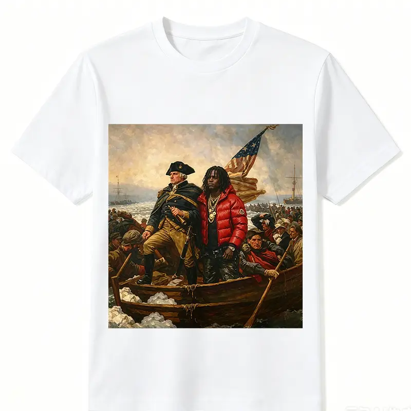 Oversize Cotton Graphic Print Tee - US History Art Chief Washington Crossing the Delaware Meme Design, Oversize Street Fit, 250th Independence Day Y2k Sports Top, Machine Washable for Easy Care, Easy Go-To Casual Gift