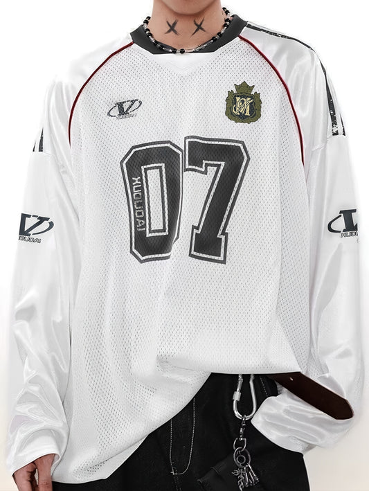 Men's Vintage Streetwear Mesh Graffiti Rugby Jersey T-Shirt, Loose Fit Long Sleeve, Trendy for Spring and Autumn