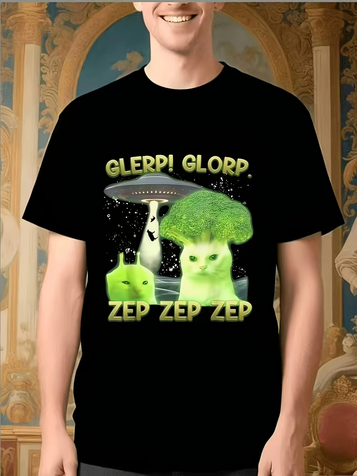 Funny Alien Cat Meme, Goofy Cat, Cauliflower, Humorous Proverb, Comedy, Playful, Boyfriend Gift, Breathable, Casual Fashion T-Shirt, Print Soft Touch, Men'S Round Neck T-Shirt