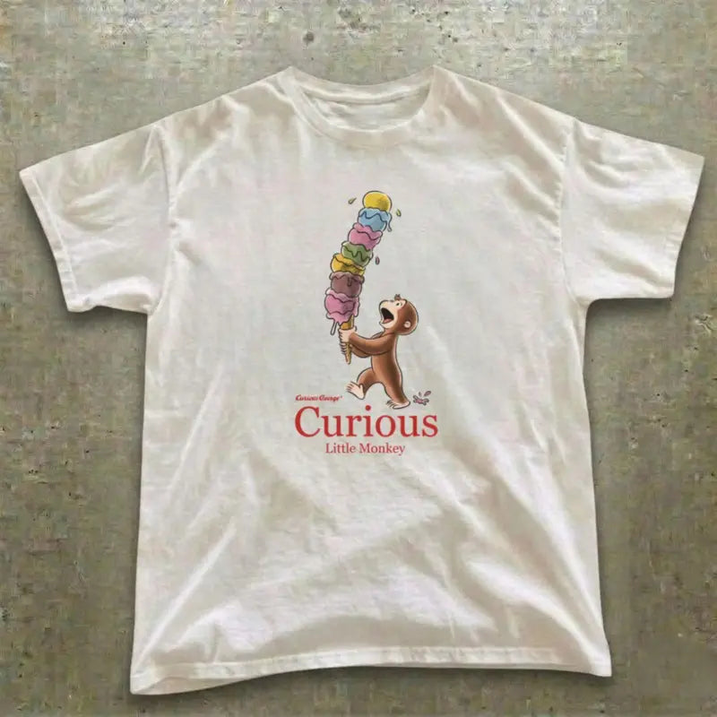 Gildan Men's And Women's T-Shirt, Curious George Ice Cream Graphic Tee, Animal T-Shirt, Unisex Vintage Graphic Tees Gothic Grunge Y2k Emo Scene Amity Affliction Style Clothes Men Women Streetwear Summer