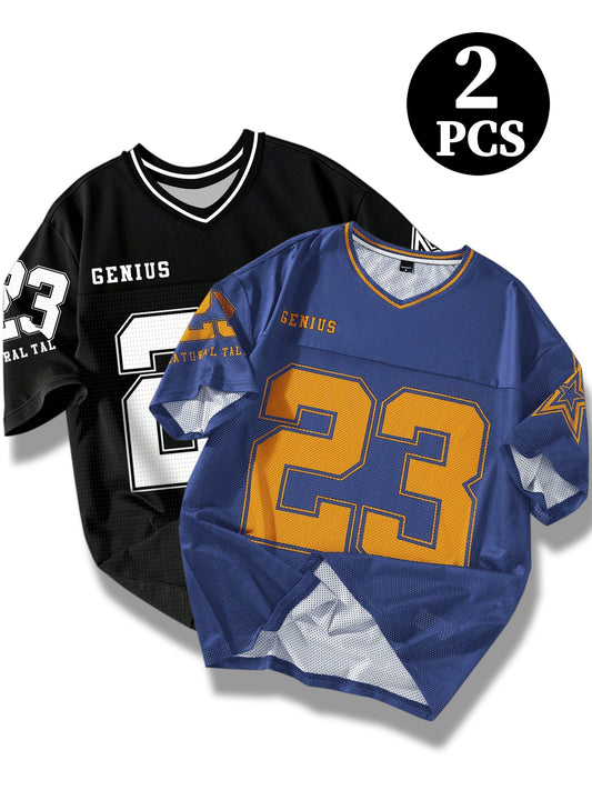 2pcs Men's American Vintage V-Neck Rugby Jersey Short Sleeve - Breathable Mesh Suitable for Summer Training, Casual Wear &, Loose Fit Number Print Uniforms, Machine Washable Numbered