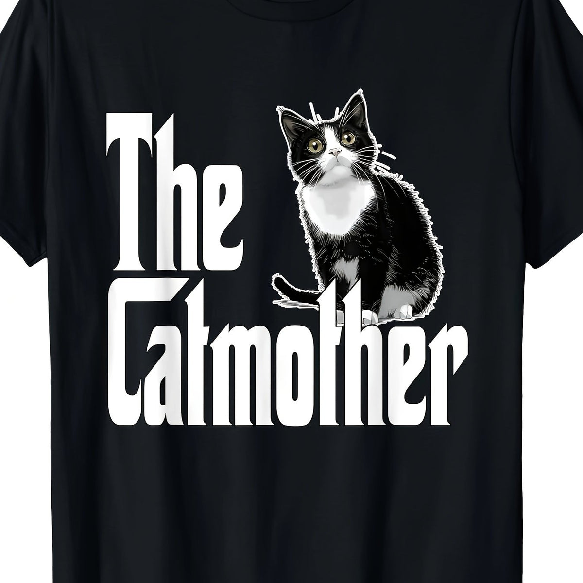 Humorous Cat Mother Graphic T-Shirt - Men'S Black And White Casual Tee, Short Sleeves, Crew Neck, Washable in Machine, Geometric Design, Ideal for Everyday Use