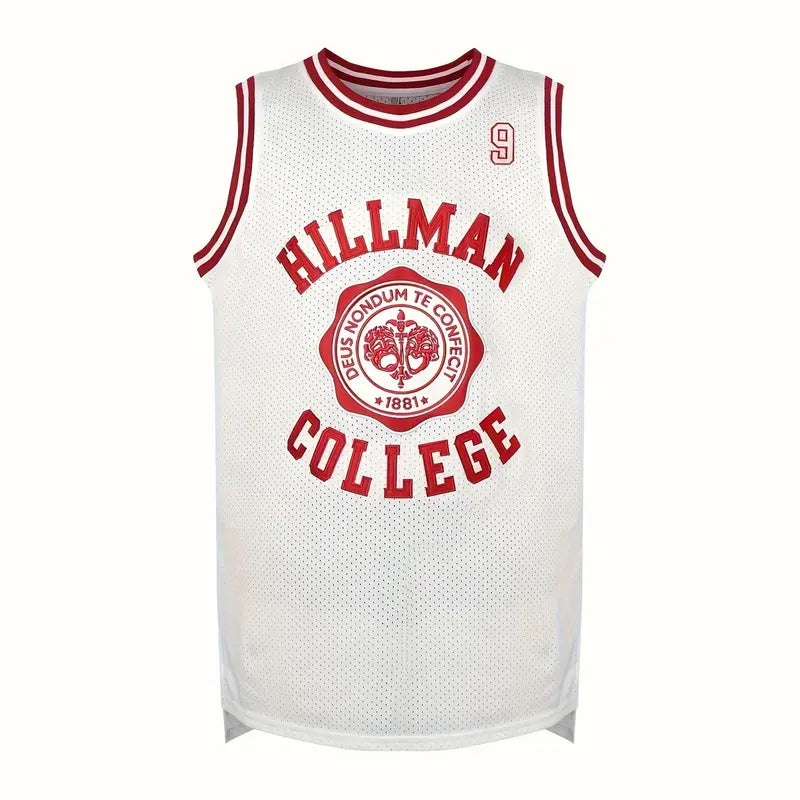 Men's Hillman College #9 Knit Fabric Crew Neck Basketball Jersey Tank Top - Men's Clothing, Mature Male Fit, Loose, Athletic Sportswear, Machine Washable for Running, Going Out, Professional Sports Use