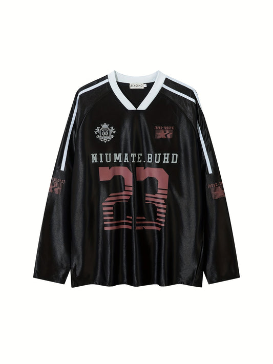 American Vintage Color-Block Patchwork Jersey Long-Sleeve T-Shirt for Men, Streetwear Brand Casual Sporty V-Neck Top