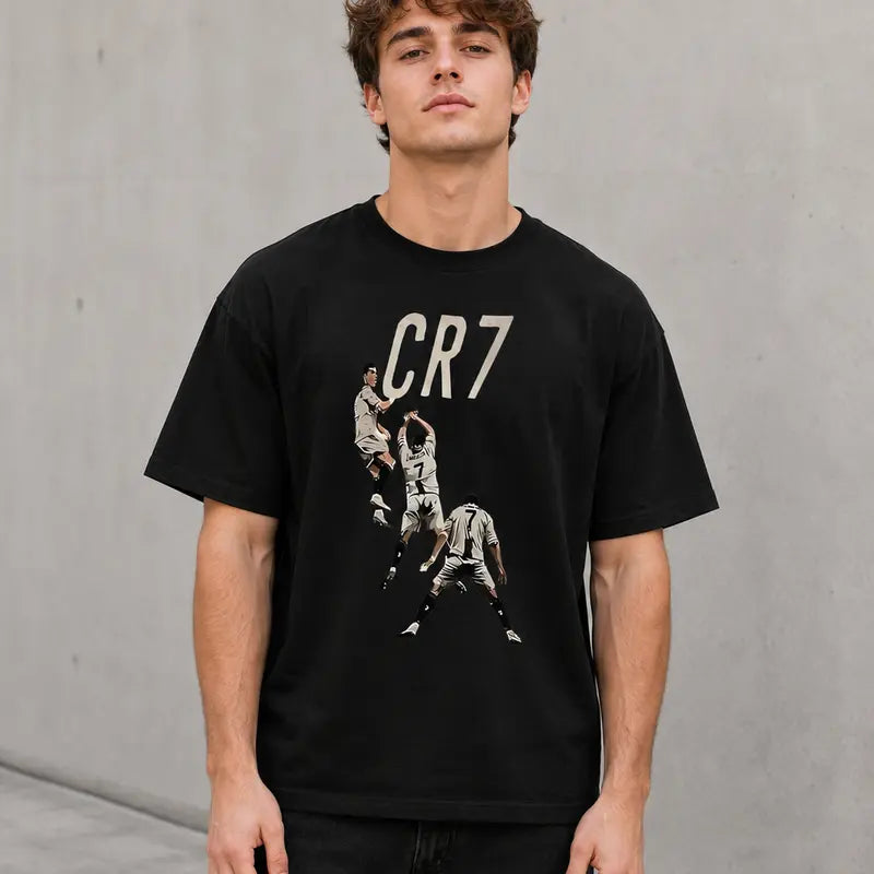 Men's & 's Ronaldo-Inspired CR7 Logo Design T-Shirt - White 'R' & '7' Lettering, Casual Round Neck Short Sleeve Tee for Fans, Casual Attire & Apparel