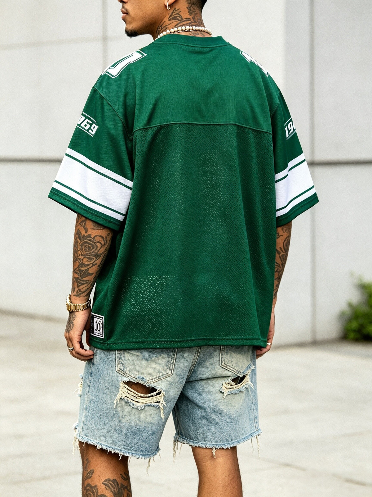 Men's Summer Casual Patterned Sports Short-Sleeve Football Jersey Style T-Shirt, Mesh Fabric Patchwork, Summer, School