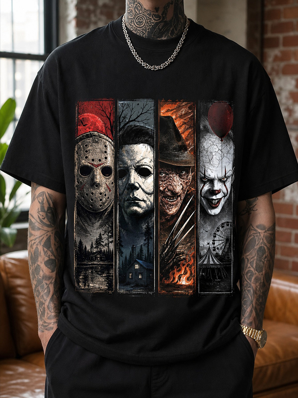 Halloween Costume Men's Gothic Skull Portrait Print Heavyweight Short-Sleeve T-Shirt with Jason Voorhees, Freddy Krueger, and Pennywise Heat Transfer Graphics - Avant-Garde Streetwear for Horror Fans, Fashion Style