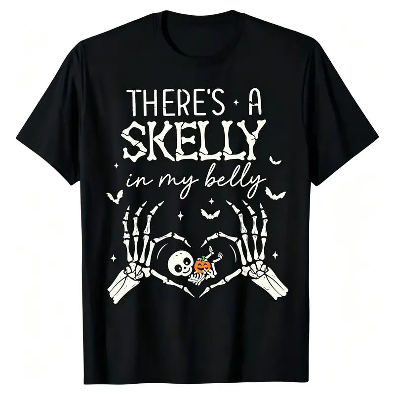 Women's Cotton-Blend Round Neck Regular Fit Maternity T-Shirt, Skeleton Print Casual Wear for Halloween Pregnancy Announcements