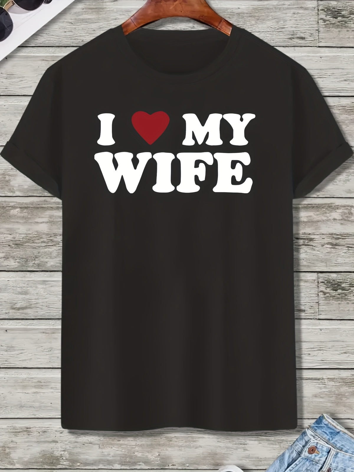 Men's Stylish " I Love My Wife" Creative Print T-Shirt, Crew Neck Short Sleeve, Casual Tee, Versatile Top For Spring And Summer, Trendy Streetwear Fashion